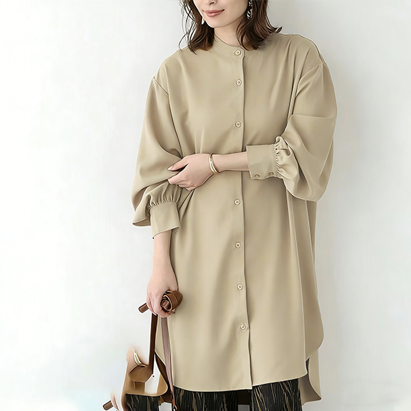 無地 カジュアル ミドル丈 レディース 長袖 シャツワンピース