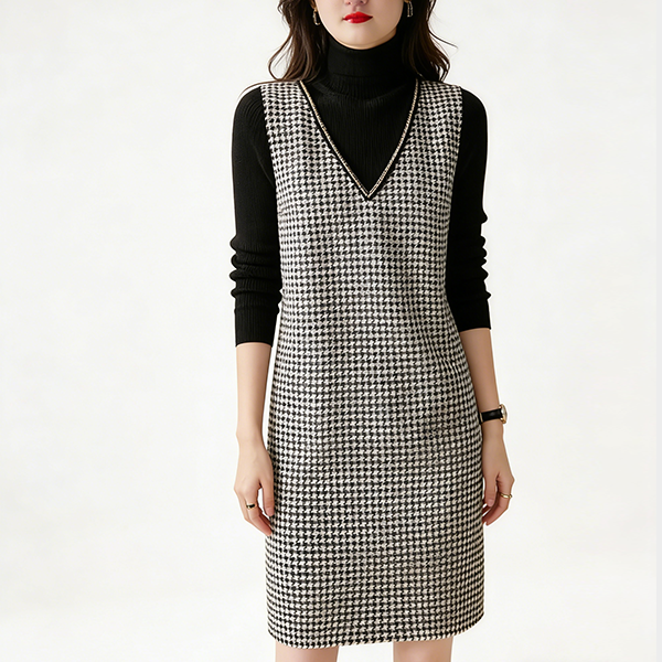 着心地良い Vネック チェック プルオーバー 定番 ワンピース