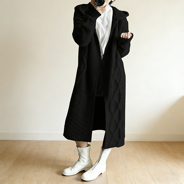 動きやすい シンプル フード付き ロング丈 ニット コート