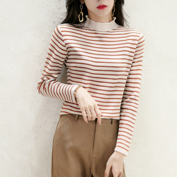 ハイネック ストライプ柄 長袖 半高襟 カットソー