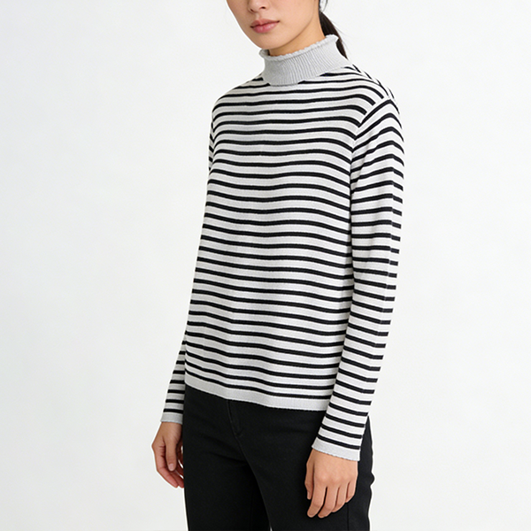 ハイネック ストライプ柄 長袖 半高襟 カットソー