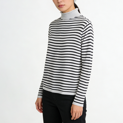 ハイネック ストライプ柄 長袖 半高襟 カットソー