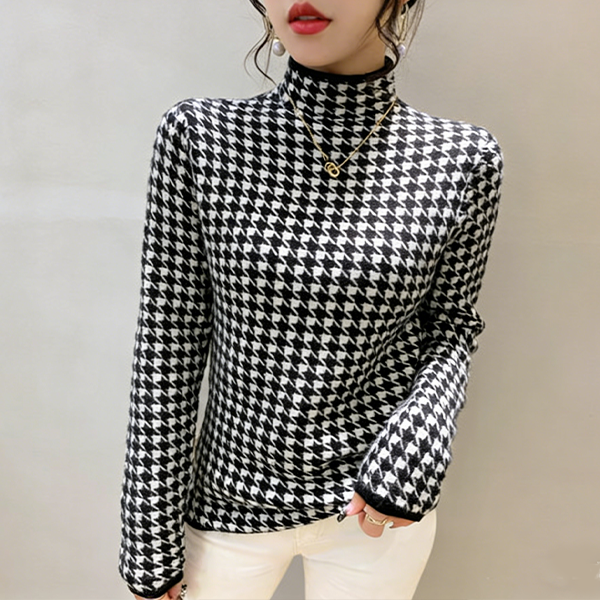 大人気 裏起毛 ハウンド トゥース柄 ハイネック ニット