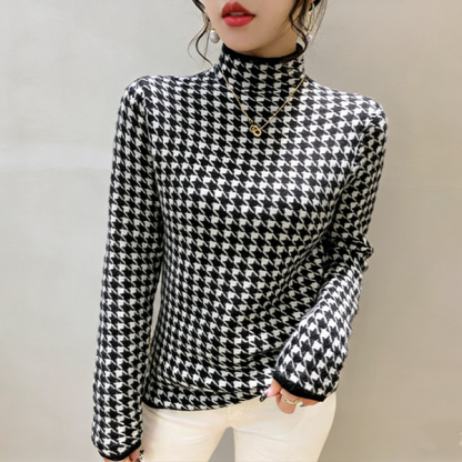 大人気 裏起毛 ハウンド トゥース柄 ハイネック ニット