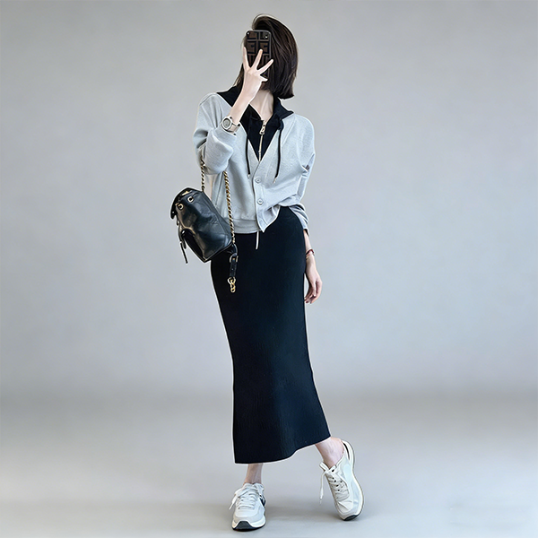 レイヤード風 フード付き パーカー+ワンピ 無地 セットアップ