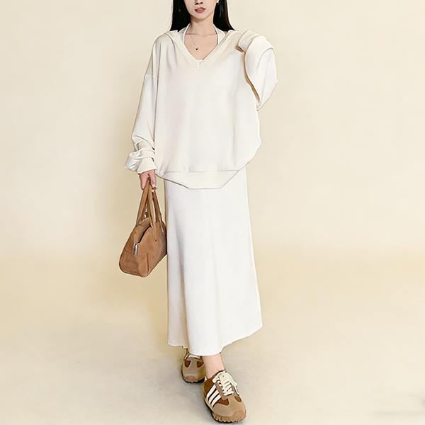 上品感 フード付き 無地 パーカー+ロング ワンピース セットアップ