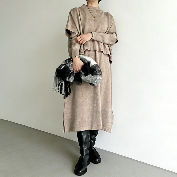 韓国スタイル 長袖 ニット 無地 ロング ワンピース