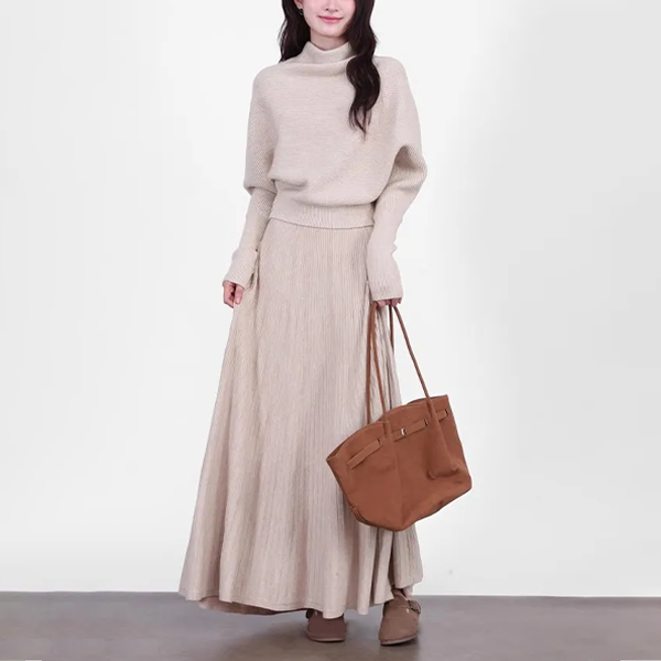 秋冬コーデに最適 ふわふわ モックネック ニット ニット+スカート 2点セット