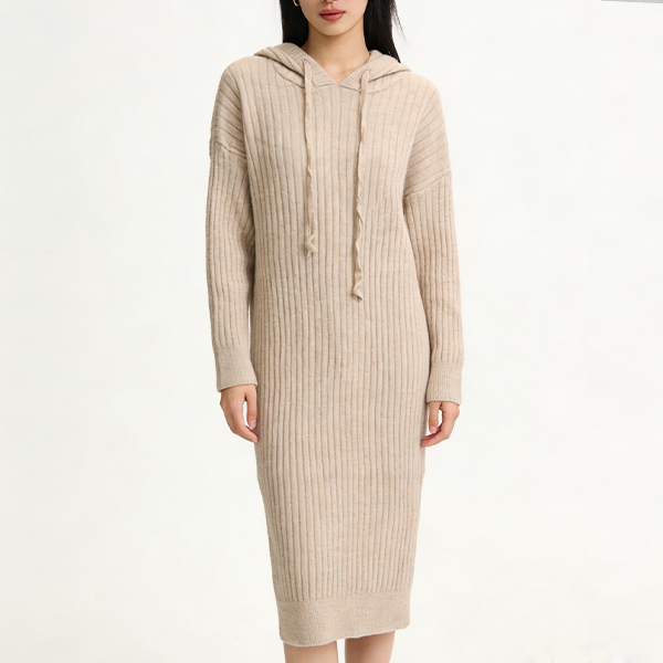 四色展開 韓国風 フード付き 無地 ロング丈 ニットワンピース