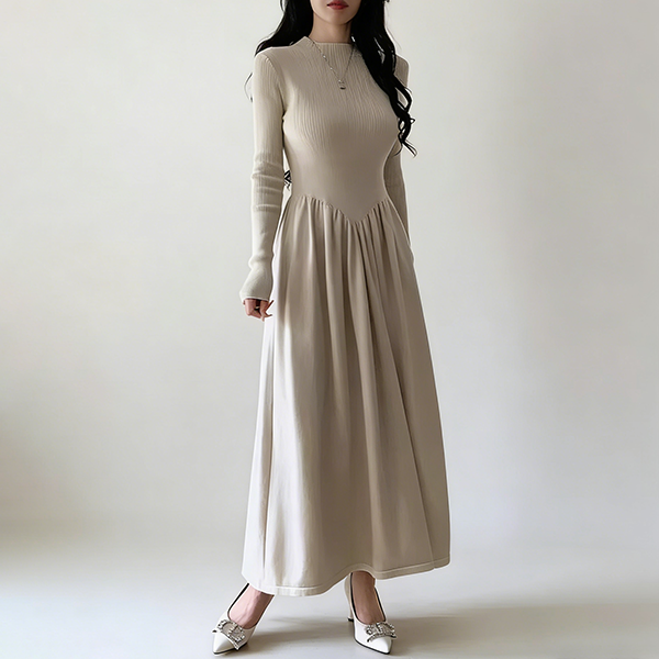 フレンチ風 ロング ハイネック 長袖 ニットワンピース 