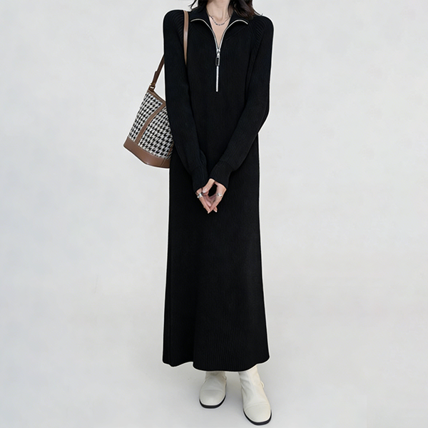 長袖 折り返す 無地 ジッパー付き ロング ニットワンピース