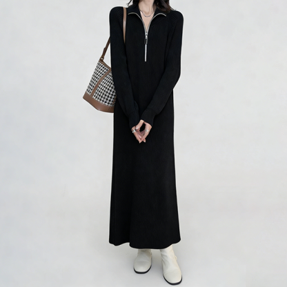 長袖 折り返す 無地 ジッパー付き ロング ニットワンピース
