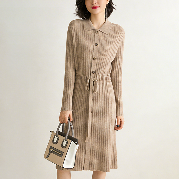 ロング 襟付き ボタン付き 無地 ニットワンピース