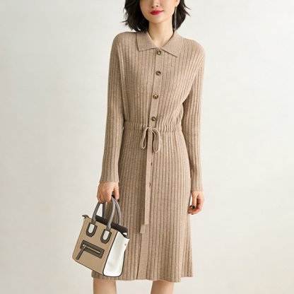 ロング 襟付き ボタン付き 無地 ニットワンピース