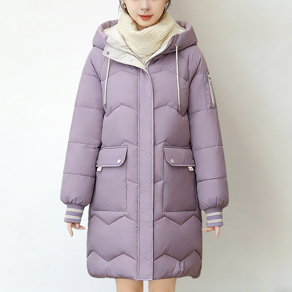バイカラー ロング丈 ジッパー付き ルーズ フード付き ダウンジャケット