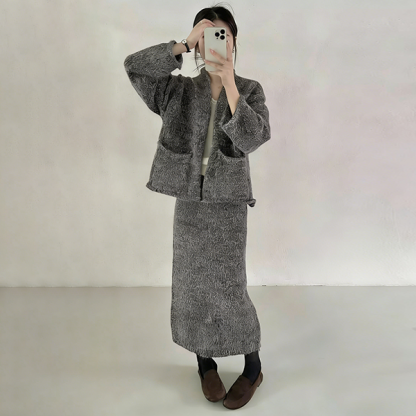 無地 カジュアル 厚手 ルーズ セーター+スカート セットアップ
