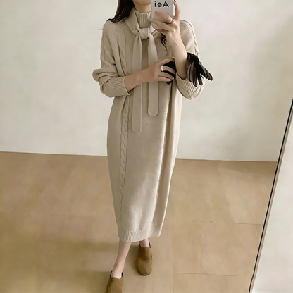 無地 カジュアル シンプル ハイネック ロング ニットワンピース