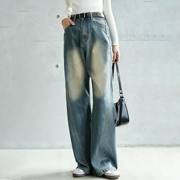 レトロ風 個性カーブ ハイウエスト 無地 デニムパンツ