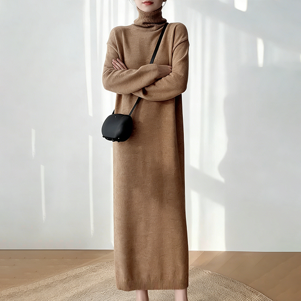 レディース ハイネック ロング丈 無地 ニットワンピース
