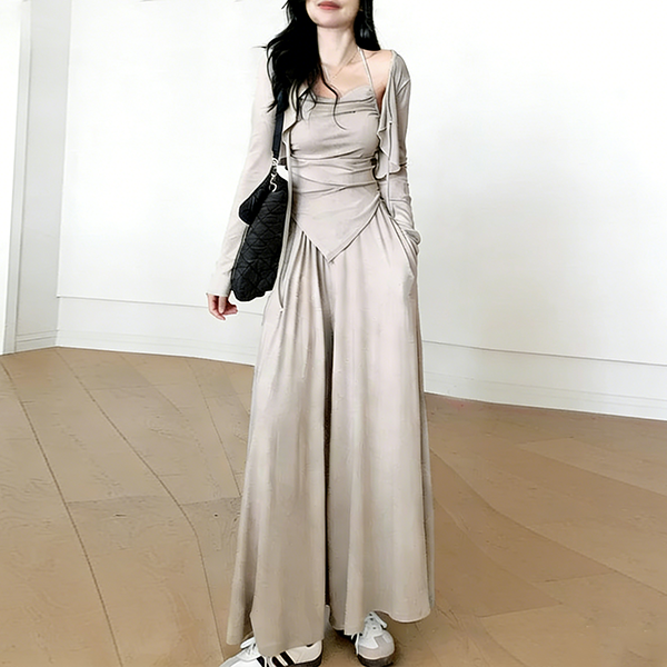 痩せ見え 無地 カジュアル キャミソール+カーディガン 3点セット