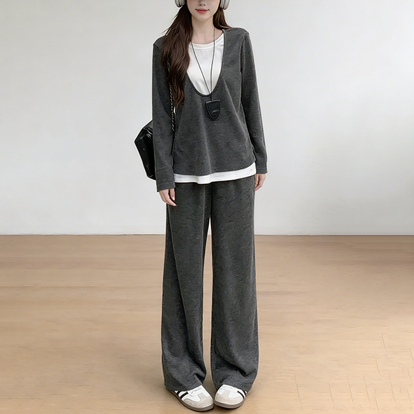 無地 カジュアル シンプル 長袖 フェイクレイヤード 2点セットアップ