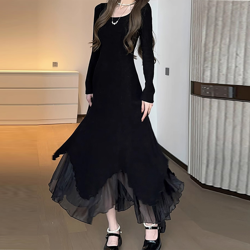 細見え 秋冬 無地 シンプル 長袖 ニットワンピース