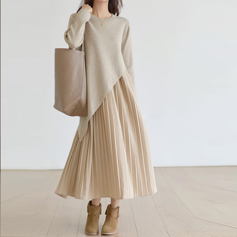 レイヤード風 無地 プルオーバー ドッキング ニットワンピース