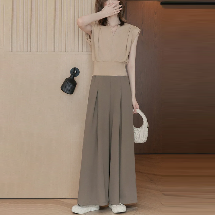着痩せ Vネック カジュアル トップス+ワイドパンツ 上下セット