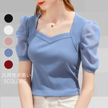 レディース 無地 パフスリーブ Tシャツ