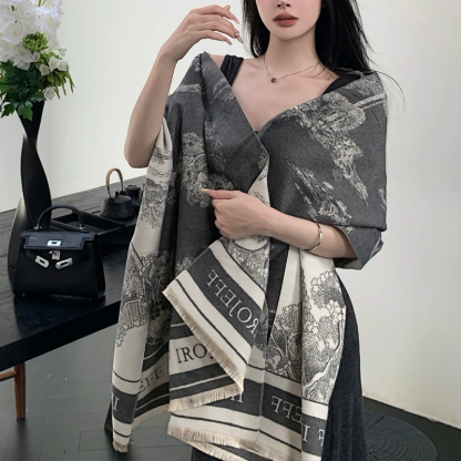 かわいい レトロ調 ボタニカル柄 カシミヤ100% 厚手 マフラー