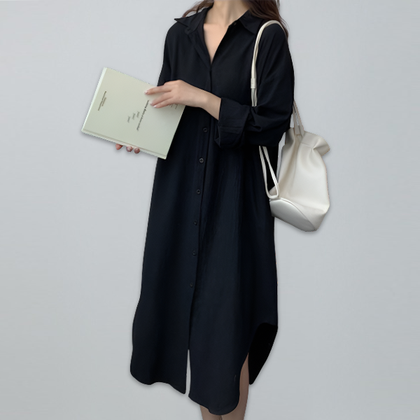 定番 無地 清新 ロング丈 綿麻 シャツ