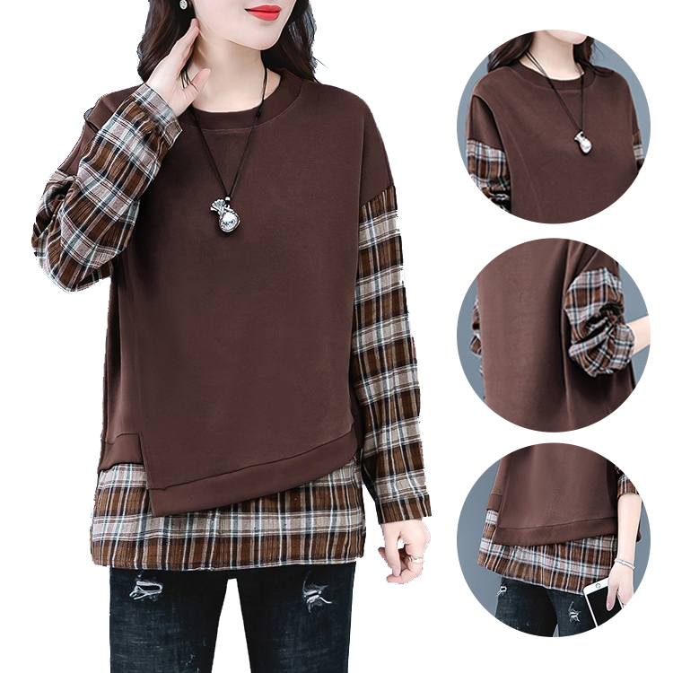 カジュアル スウェット チェック柄 ラウンドネック パーカー