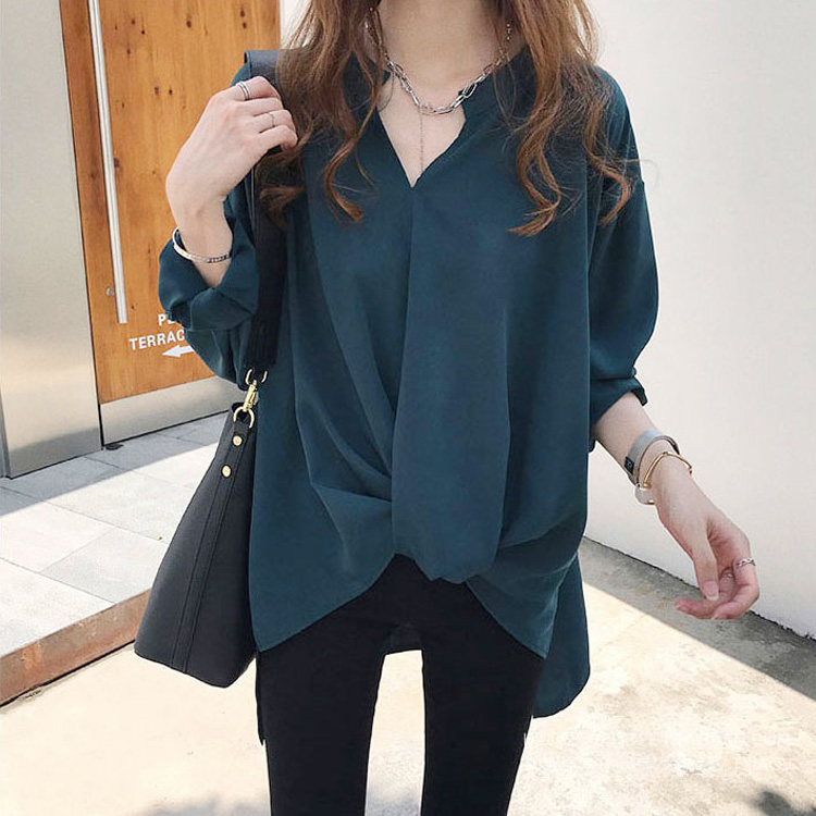 前結び風 ノーカラー レディース オン シフォンシャツ