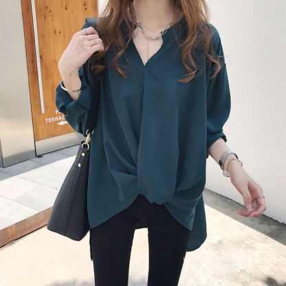 前結び風 ノーカラー レディース オン シフォンシャツ