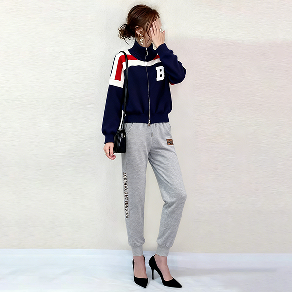 配色 カジュアル シンプル 長袖 上下セット