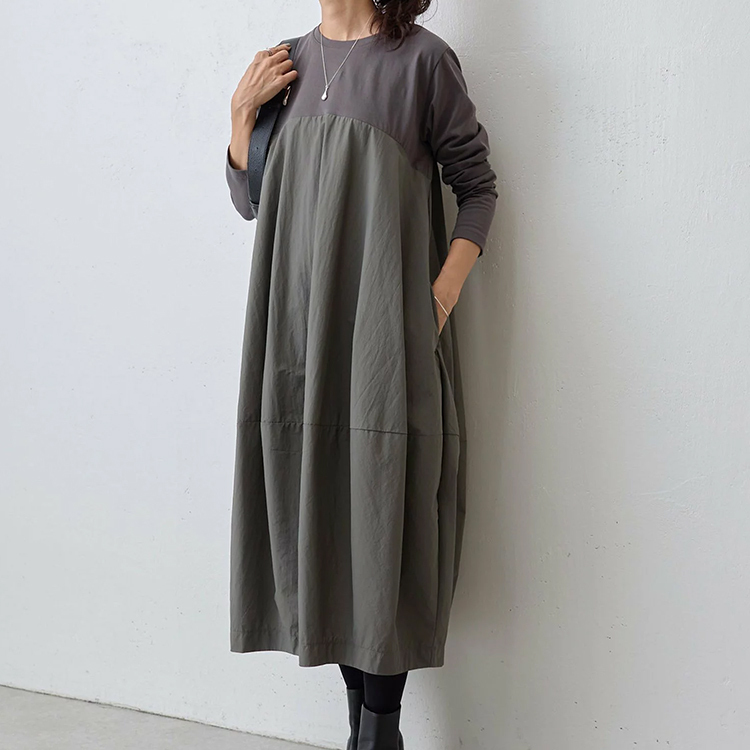 大きいサイズ 長袖 クルーネック 切り替え カジュアルワンピース