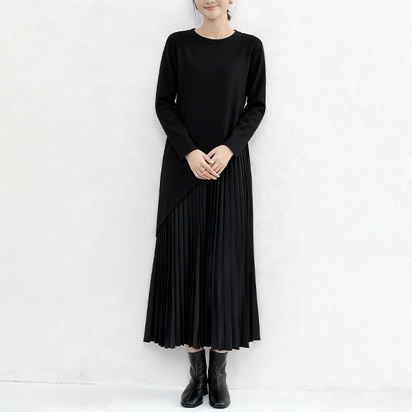 レイヤード風 無地 プルオーバー ドッキング ニットワンピース