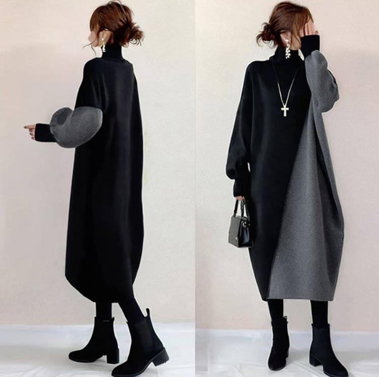 日常着用に最適 カジュアル 配色 バイカラー ハイネック ニットワンピース