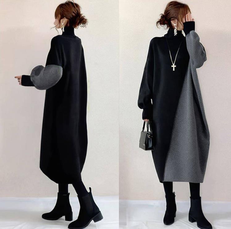 日常着用に最適 カジュアル 配色 バイカラー ハイネック ニットワンピース