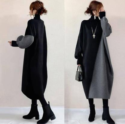 日常着用に最適 カジュアル 配色 バイカラー ハイネック ニットワンピース