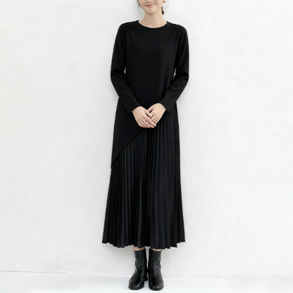 レイヤード風 無地 プルオーバー ドッキング ニットワンピース