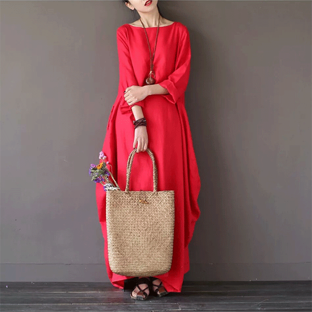 簡単おしゃれ カジュアル 無地 綿麻 ルーズ ロング ワンピース