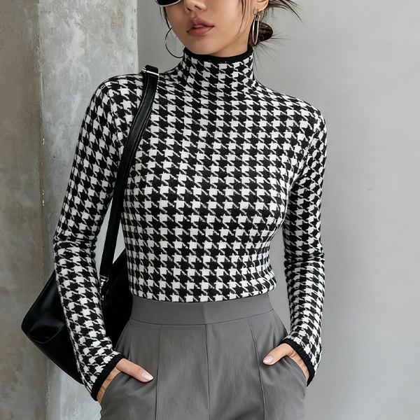 大人気 裏起毛 ハウンド トゥース柄 ハイネック ニット