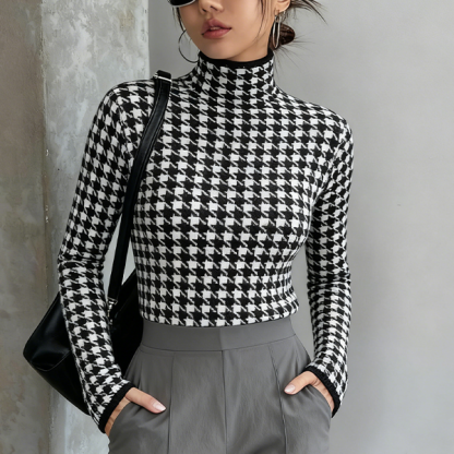 大人気 裏起毛 ハウンド トゥース柄 ハイネック ニット
