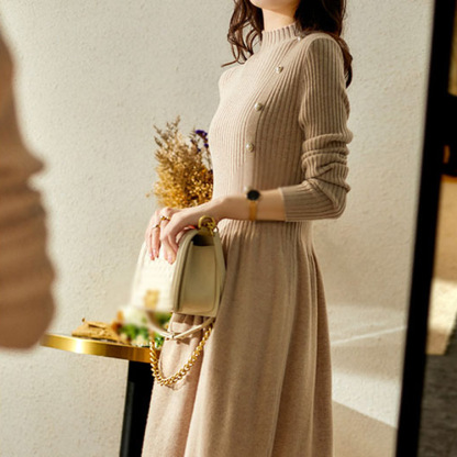 大活躍 ボタン付き 無地 カジュアル ニットワンピース