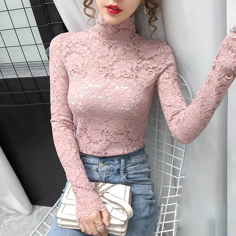 柔らかい シンプル フィット 裏起毛 レース トップス