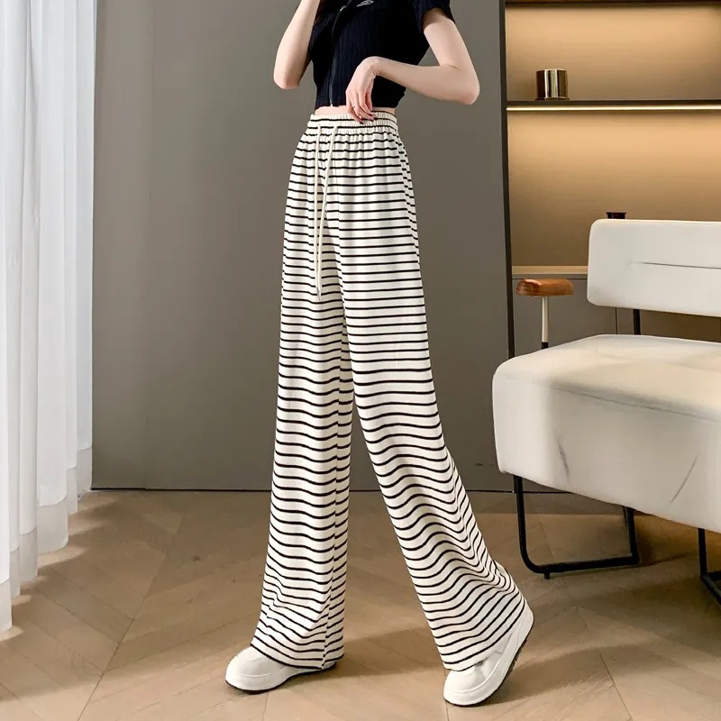 着心地良い ボーダー柄 ハイウエスト ワイドパンツ