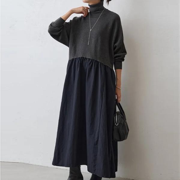 ハイネック カジュアル シンプル 切り替え ワンピース