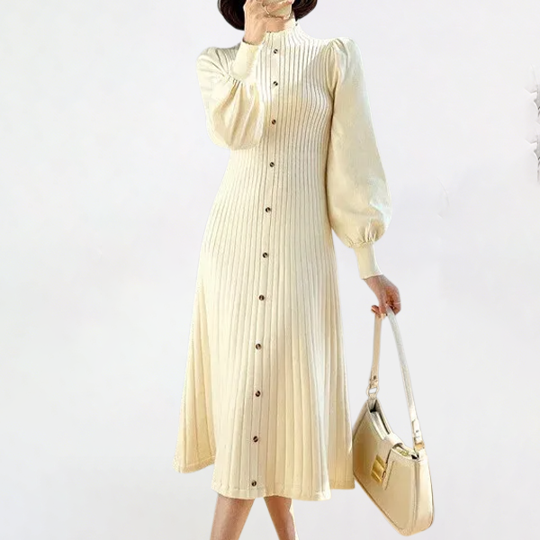 カジュアル風 日常着用に最適 無地 ボタン付き ニットワンピース