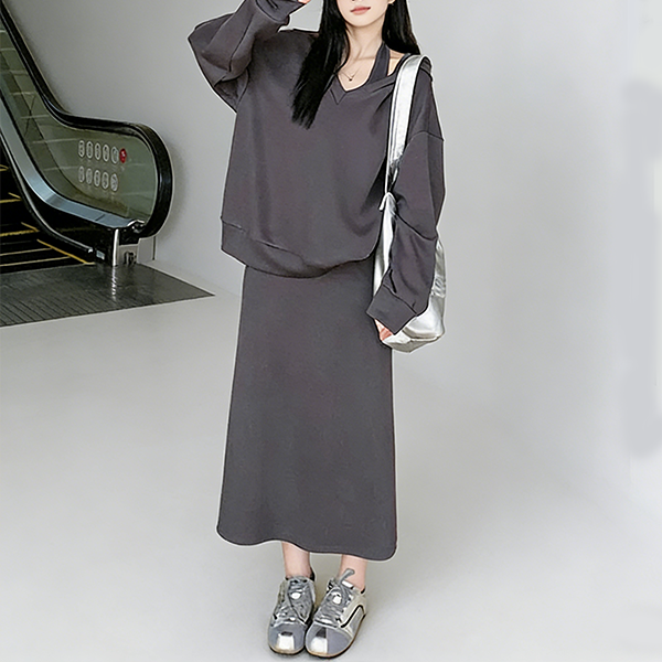 上品感 フード付き 無地 パーカー+ロング ワンピース セットアップ